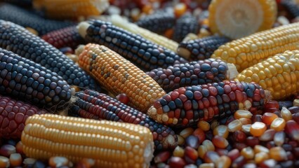 Colorful Assortment of Heirloom Corn Varieties Displayed Close-Up.