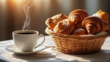 Steaming Coffee Cup and Basket of Fresh Croissants on a Table.