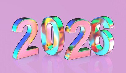 Happy New Year 2026 card with colorful metal numbers on shiny purple background