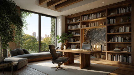 Fototapeta premium Modern Home Office with a View: A contemporary home office showcases a workspace with a wooden desk, shelves overflowing with books, and a panoramic window overlooking lush greenery and a cityscape.