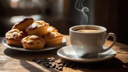 Steaming Coffee Cup and Pastries on a Wooden Table with Coffee Beans.
