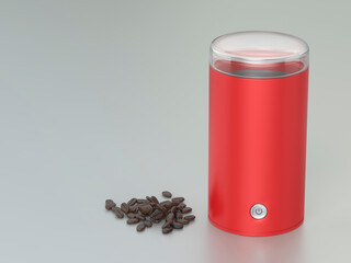 Pile of coffee beans next to red electric coffee grinder on grey metal background