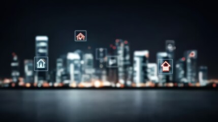 A futuristic city skyline showcasing modern property management systems seamless utility integration digital administration processes advanced appraisal tools AI driven asset tracking holographic