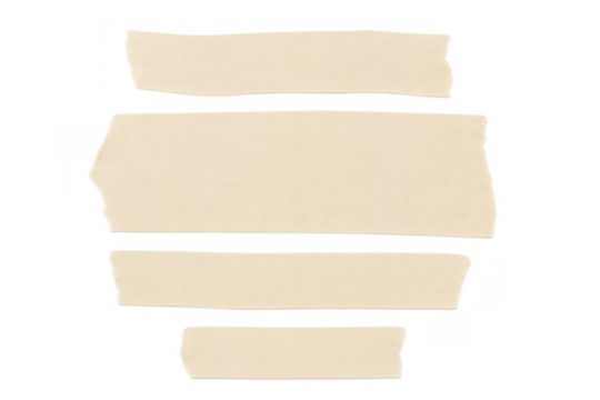Beige masking tape strips on transparent background, torn adhesive paper pieces, textured isolation for diy projects