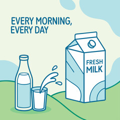 Design a fresh and vibrant scene featuring milk cartons and a bottle, with a dynamic milk splash flowing from a glass. The background should be light and airy, with soft gradient blues and greens to c