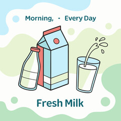 Design a fresh and vibrant scene featuring milk cartons and a bottle, with a dynamic milk splash flowing from a glass. The background should be light and airy, with soft gradient blues and greens to c
