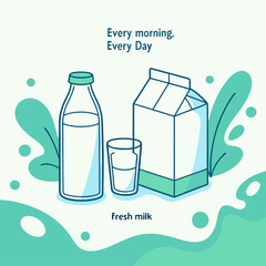 Design a fresh and vibrant scene featuring milk cartons and a bottle, with a dynamic milk splash flowing from a glass. The background should be light and airy, with soft gradient blues and greens to c