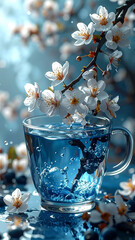 Food photo with fruits. Blueberries falling with splashes of water into a cup, dynamic photo with leaves and flowers.