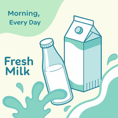 Design a fresh and vibrant scene featuring milk cartons and a bottle, with a dynamic milk splash flowing from a glass. The background should be light and airy, with soft gradient blues and greens to c