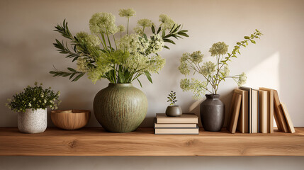 Serene floral display: an elegant presentation of lush flowers, delicate vases, and timeless books arranged gracefully on a wooden shelf, creating a harmonious and aesthetically pleasing composition.