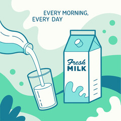Design a fresh and vibrant scene featuring milk cartons and a bottle, with a dynamic milk splash flowing from a glass. The background should be light and airy, with soft gradient blues and greens to c