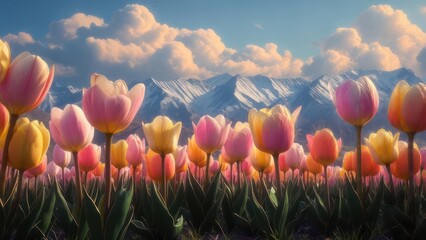 Vibrant Tulip Field with Majestic Snow-Capped Mountains and Golden Clouds at Sunset.