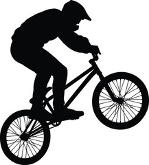 Fototapeta premium BMX rider silhouette, extreme sport jump, airborne bicycle trick, freestyle stunt motion, helmet safety, black vector, dynamic action pose