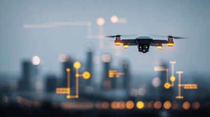 An architectural drone scanning urban property blocks for asset analysis blueprint generation administration synchronization utility mapping appraisal scoring and certification updates