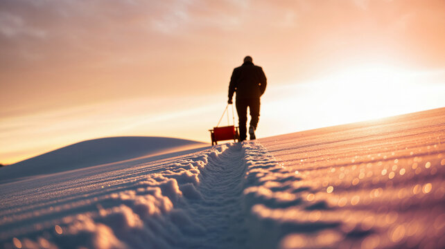 Man walking through snow with sled at sunset in winter landscape