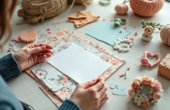Woman makes handmade greeting card. Process of creating beautiful present with floral paper. Decorations, tools on table. Leisure hobby time for adults. Designer creates invitation for wedding.
