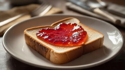 Heart-shaped strawberry jam on a slice of white bread, served on a white plate.