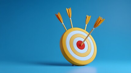 Yellow and White Archery Target with Multiple Arrows Sticking in Bullseye on Blue Background
