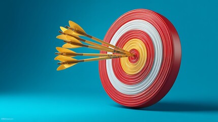 Archery Target with Multiple Yellow Arrows Stuck in Center on Bright Blue Background