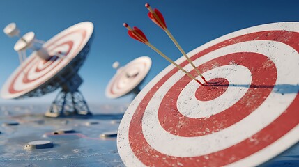 Archery Target with Red and White Circles and Arrows Hitting Bullseye in Bright Outdoor Sky