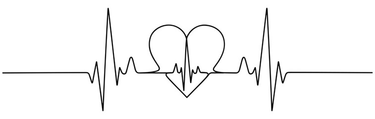 Heartbeat line illustration, black ECG vector with symmetrical heart shape in center symbolizing love, life, health, and emotional connection