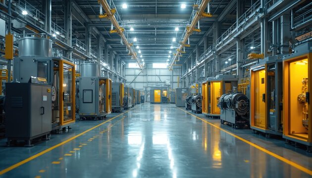 Modern factory floor with automated machinery. High tech industrial plant with clean production line. Empty workshop shows smart manufacturing, robotic equipment, assembly automation, future of
