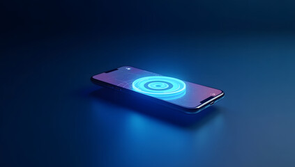 Futuristic smartphone with glowing blue neon ring