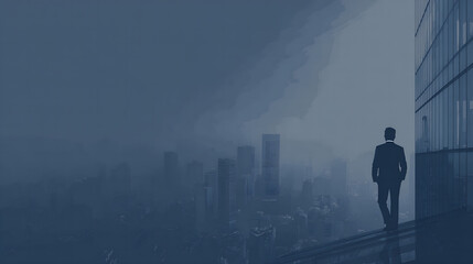 Fototapeta premium Businessman standing on skyscraper rooftop overlooking city skyline at sunrise, symbolizing vision and success