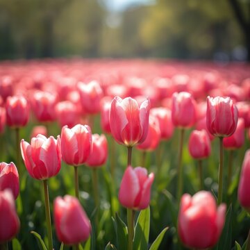 Vibrant field of pink tulips stretching into soft green background. Sunlight illuminates blossoms creating warm, inviting scene. Image evokes springtime beauty, floral abundance perfect for garden