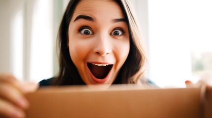 Excited Young Woman with Dark Hair and Light Skin Showing Surprise and Joy