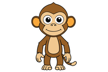 A charming brown cartoon monkey stands playfully smiling with big eyes in this fun scene