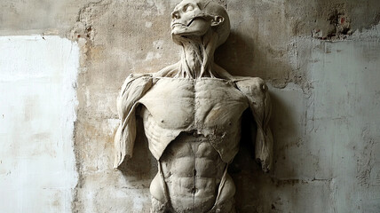 Anatomical model of a human torso showing muscles and bone structure for medical education and anatomical study