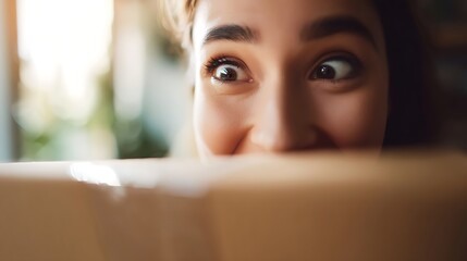 Young Woman with Excited Expression Peeking Over Book in Bright Indoor Environment