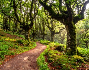Fototapeta premium A winding trail through a lush, moss-covered forest, with sunlight filtering through trees