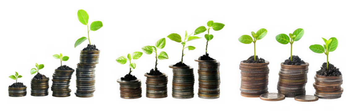 Concept of financial growth and investment, with plants growing from stacks of coins, isolated on transparent background