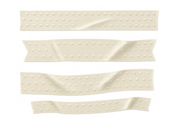 Washi tape strips in various shapes and textures with dotted pattern, adhesive design elements on transparent background