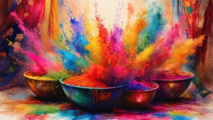 Explosion of Vibrant Colors in Bowls for Holi Festival Celebration.