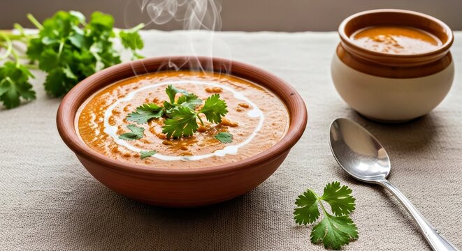 Steaming Hot Creamy Tomato Soup in a Rustic Clay Bowl