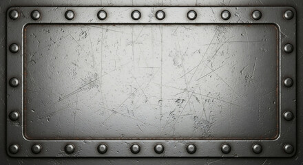 Rectangular metal plate framed with rivets featuring scratches and a worn surface