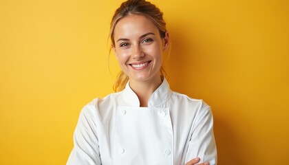 Cheerful female chef poses in white uniform on bright yellow backdrop. Woman smiles looks at camera in pro kitchen setting. Young cook shows passion for cuisine, expert in hospitality work.