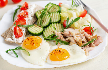 Ketogenic, paleo diet. Fried eggs, boiled chicken and fresh salad. Keto breakfast. Brunch