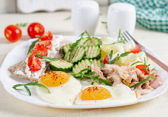 Ketogenic, paleo diet. Fried eggs, boiled chicken and fresh salad. Keto breakfast. Brunch