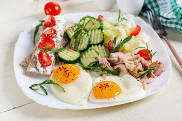 Ketogenic, paleo diet. Fried eggs, boiled chicken and fresh salad. Keto breakfast. Brunch