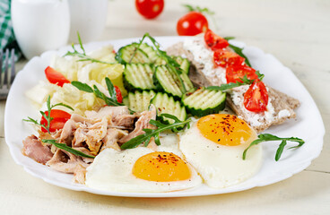 Ketogenic, paleo diet. Fried eggs, boiled chicken and fresh salad. Keto breakfast. Brunch