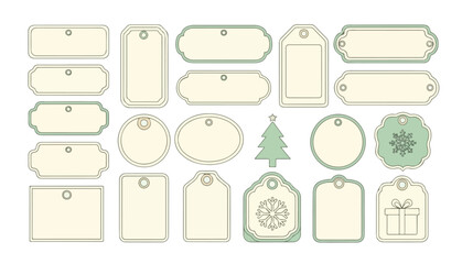A collection of various vintage-style gift tags and labels with decorative borders and festive elements.