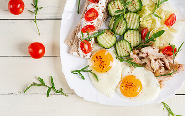 Ketogenic, paleo diet. Fried eggs, boiled chicken and fresh salad. Keto breakfast. Brunch. Top view