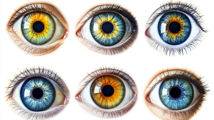 Collection of human eyes with different iris colors close-up detail of diverse eye colors isolated on white background
