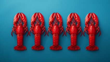 Vibrant red lobsters lined up against a cool blue backdrop create a stunning seafood display perfect for menus, restaurant ads, and ocean-themed designs