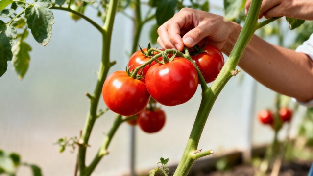 Hands carefully picking ripe red tomatoes from lush green vines, showing harvesting action, suitable for vegetable farming, organic produce, fresh food business - Powered by Adobe