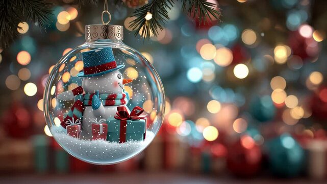 Snowman ornament with colorful gifts inside glass ball, captured in a festive setting, showcasing a gradual zoom out revealing vibrant holiday decorations and shimmering lights